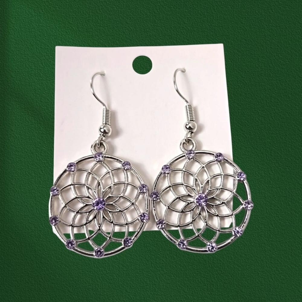 Elegant Silver Tone Purple Rhinestons Earrings